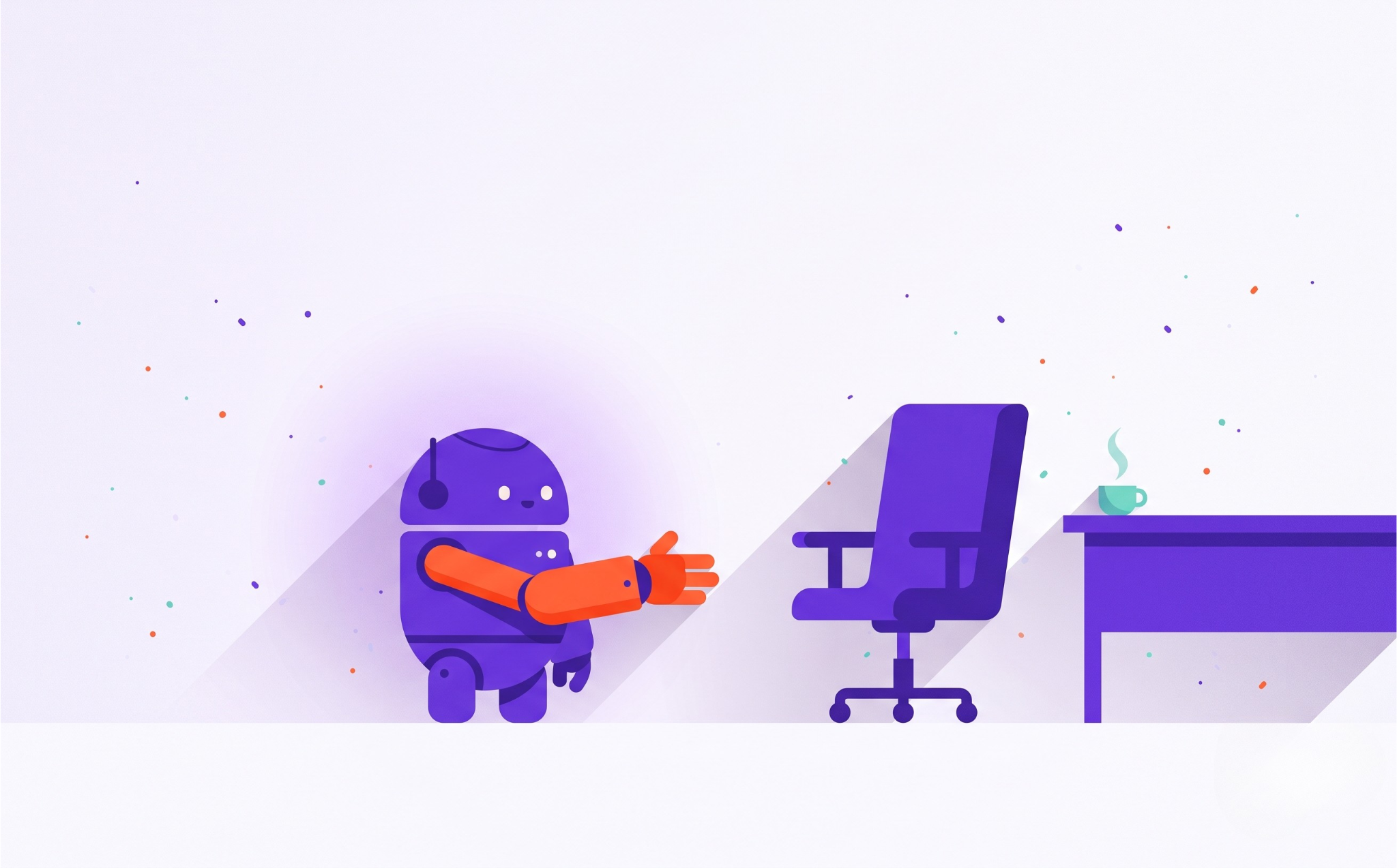 Illustration of a small robot offering a handshake to an empty office chair, representing chatbots attempting sales conversations buyers walk away from