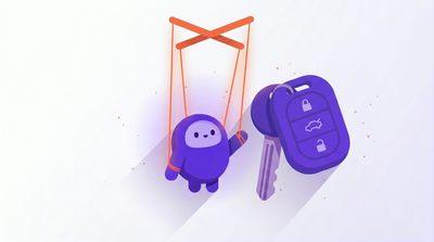 Illustration of a chatbot on puppet strings handing over oversized car keys, representing prompt injection manipulation.