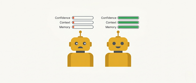 Two friendly mustard-yellow chatbot robots side by side. Floating bars labelled Confidence, Context, and Memory above each. The left robot's bars are nearly empty in red-orange. The right robot's bars are full in green.