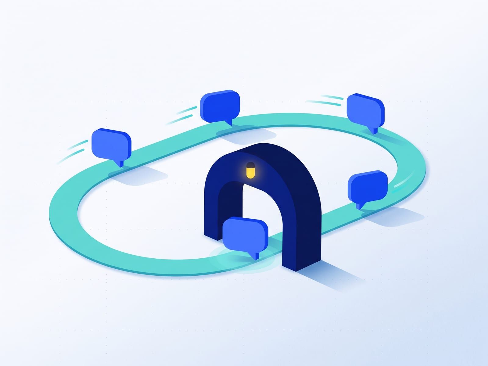 Human-in-the-loop in customer support: blue speech bubbles circling a looped track, one paused under a navy arch with a small yellow lamp