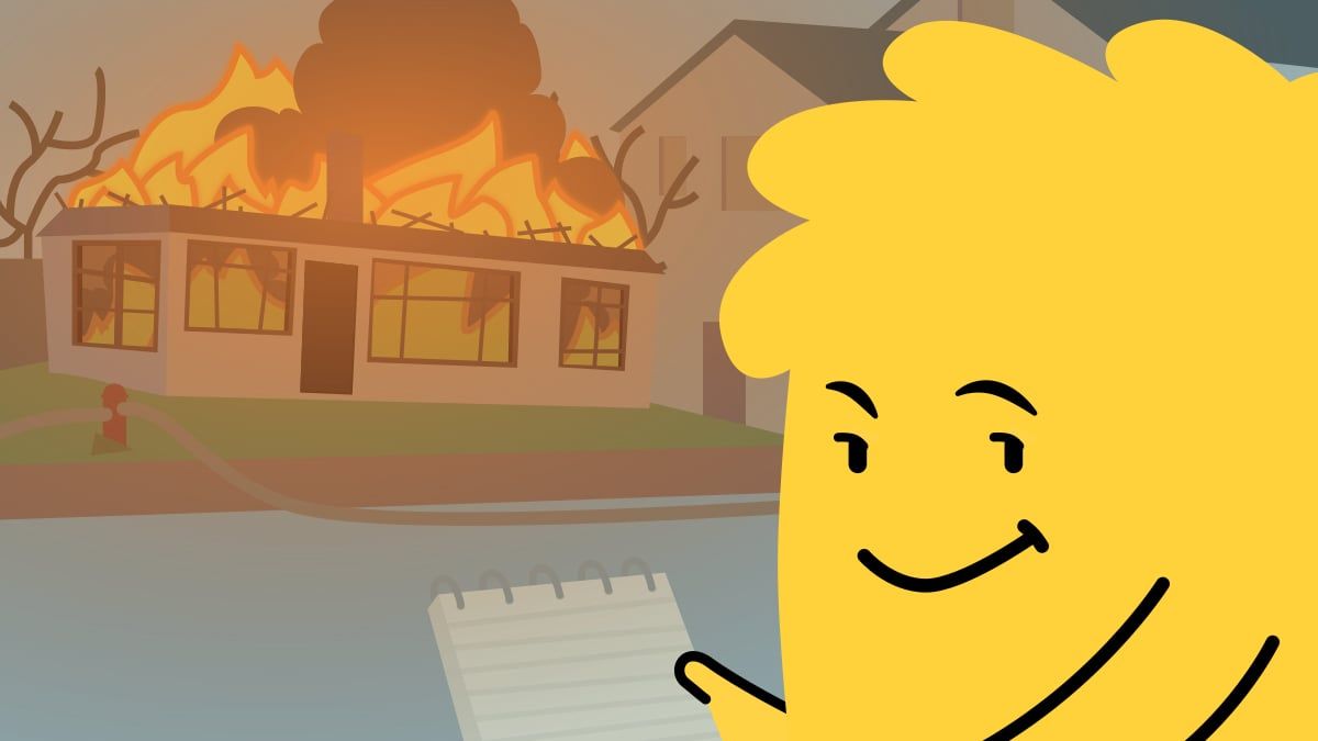 Bale smirks at the viewer, notepad in hand, while a house burns behind