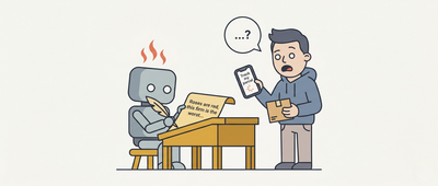 A small chatbot robot at a tiny wooden desk writing poetry on parchment with a quill, smoke rising from its head. The visible line reads "Roses are red, this firm is the worst…" Across the desk, a customer in a hoodie and jeans holds a smartphone showing a Track my parcel screen, mouth agape, with a "…?" speech bubble above their head.