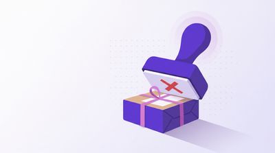 No refund policy illustrated as a rubber stamp pressing a cross onto a parcel label, the parcel tied with a ribbon