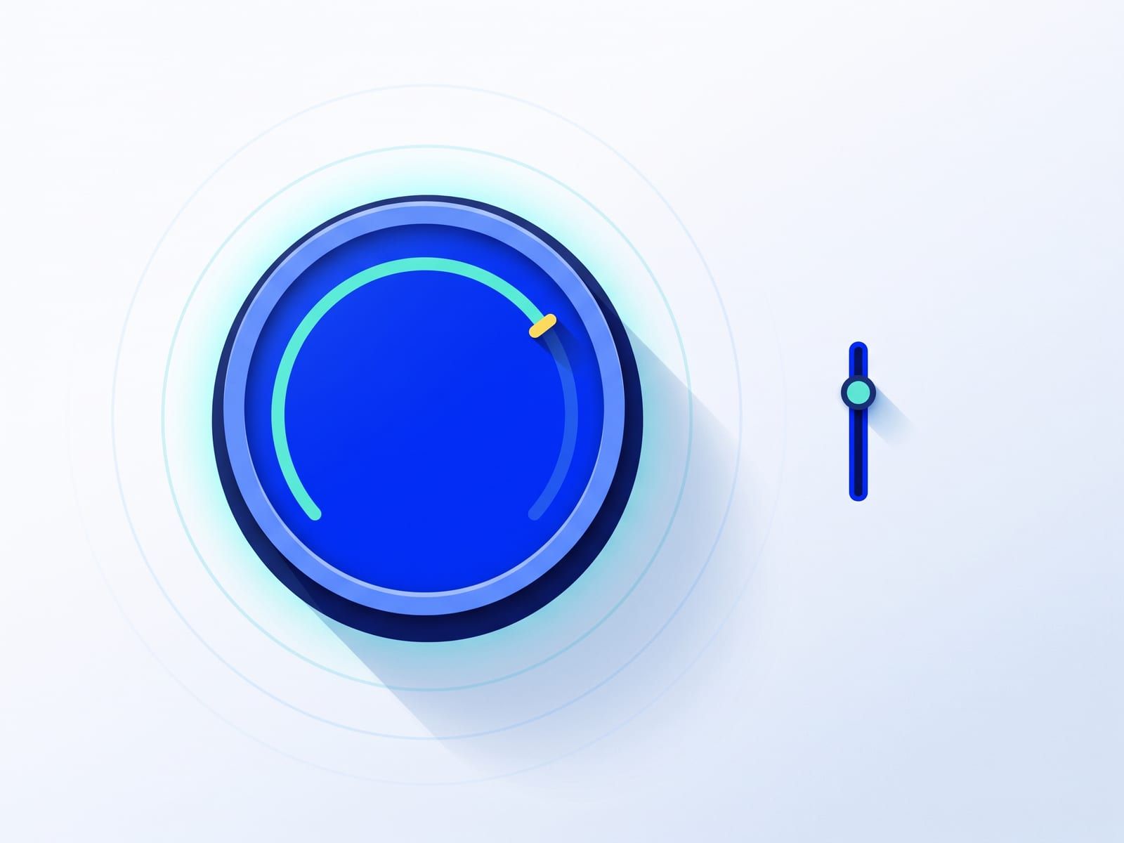 A large blue dial with a cyan arc and a single yellow marker set high, a small slider beside it