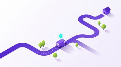 Where is my order email templates illustrated by a delivery van on a winding road with a map pin above it and a small house at the end