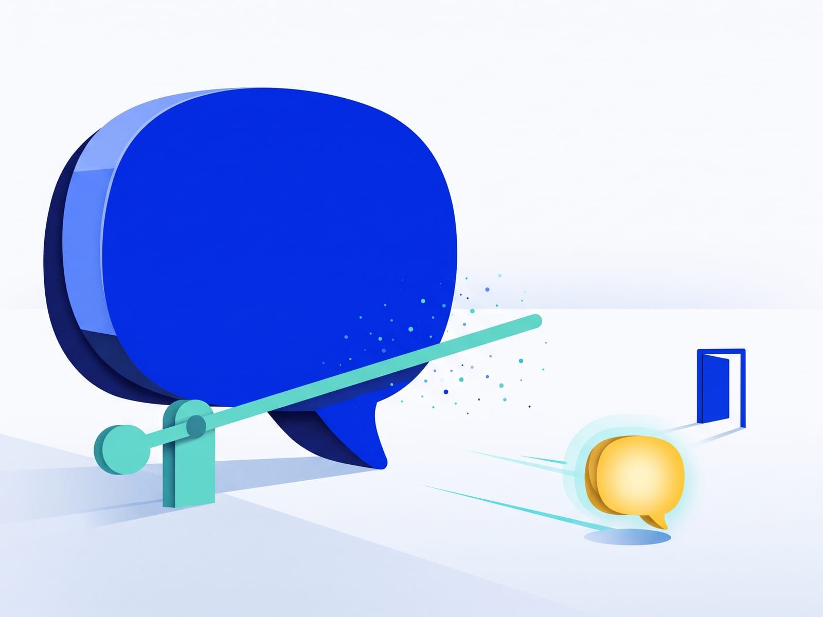A large blue speech bubble stopped at a lowered barrier while a small glowing speech bubble passes through toward a doorway