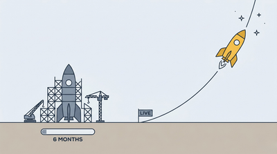 A flat illustration of two rockets. On the left, a grey rocket sits on a launch pad wrapped in scaffolding and cranes with a "6 months" progress bar beneath it. On the right, a yellow rocket climbs in a steep arc into a small star field, with a "live" flag marking lift-off, illustrating fast time-to-value on HubSpot.