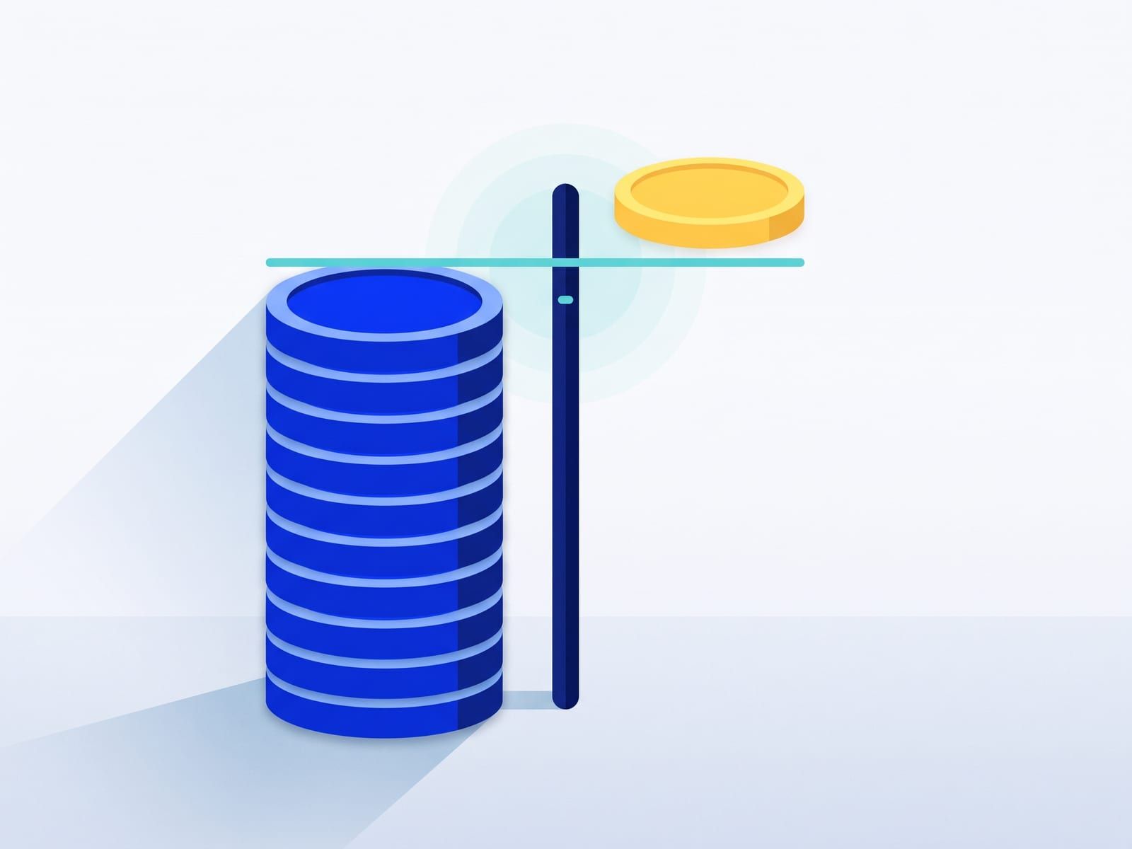 A neat stack of blue coins rising to a thin cap line on a post, with one yellow coin held above the line, apart from the stack
