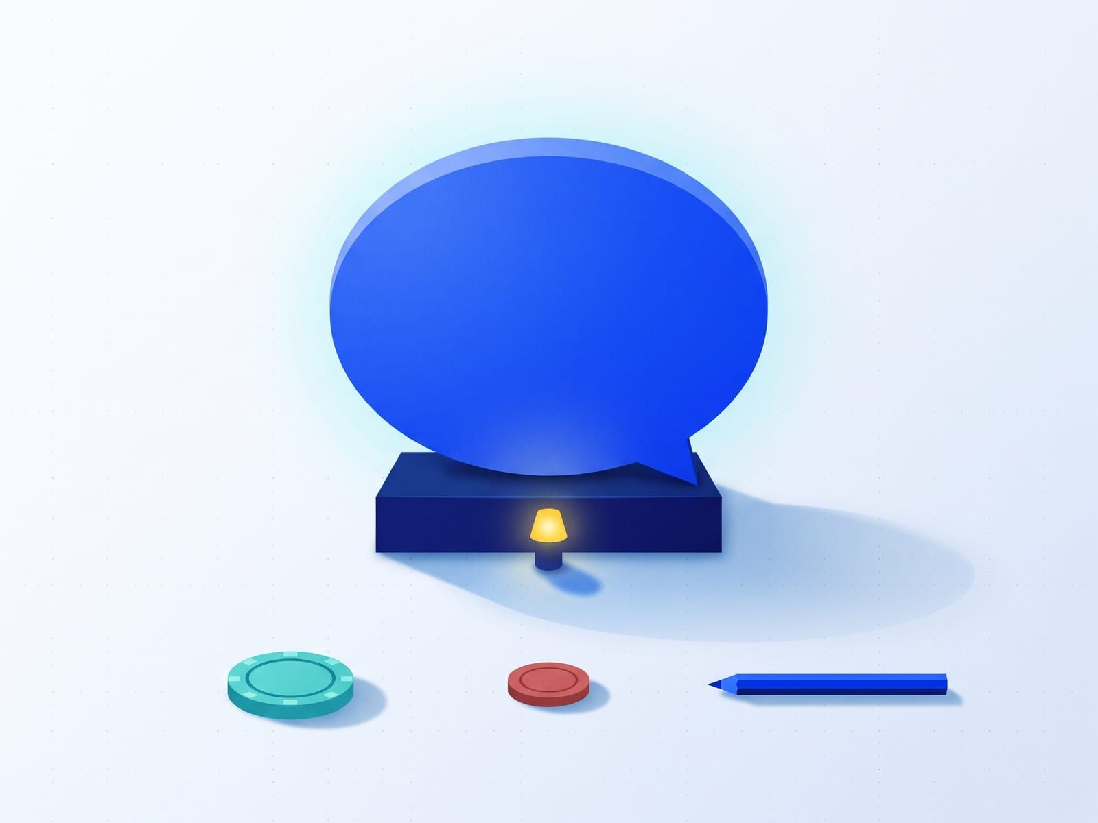 A blank speech bubble waiting on a pedestal with a small yellow lamp, a green chip, a red chip and a pencil laid out in front of it