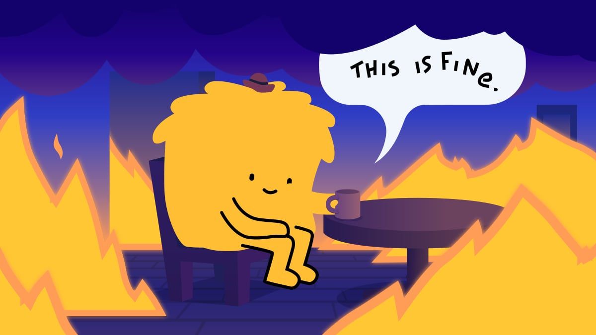 Bale wallpaper: Bale sits at a table with a coffee while the room burns, saying this is fine