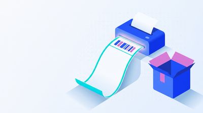 Return label email templates illustrated by a printer with an oversized return label coming out, a parcel waiting beside it