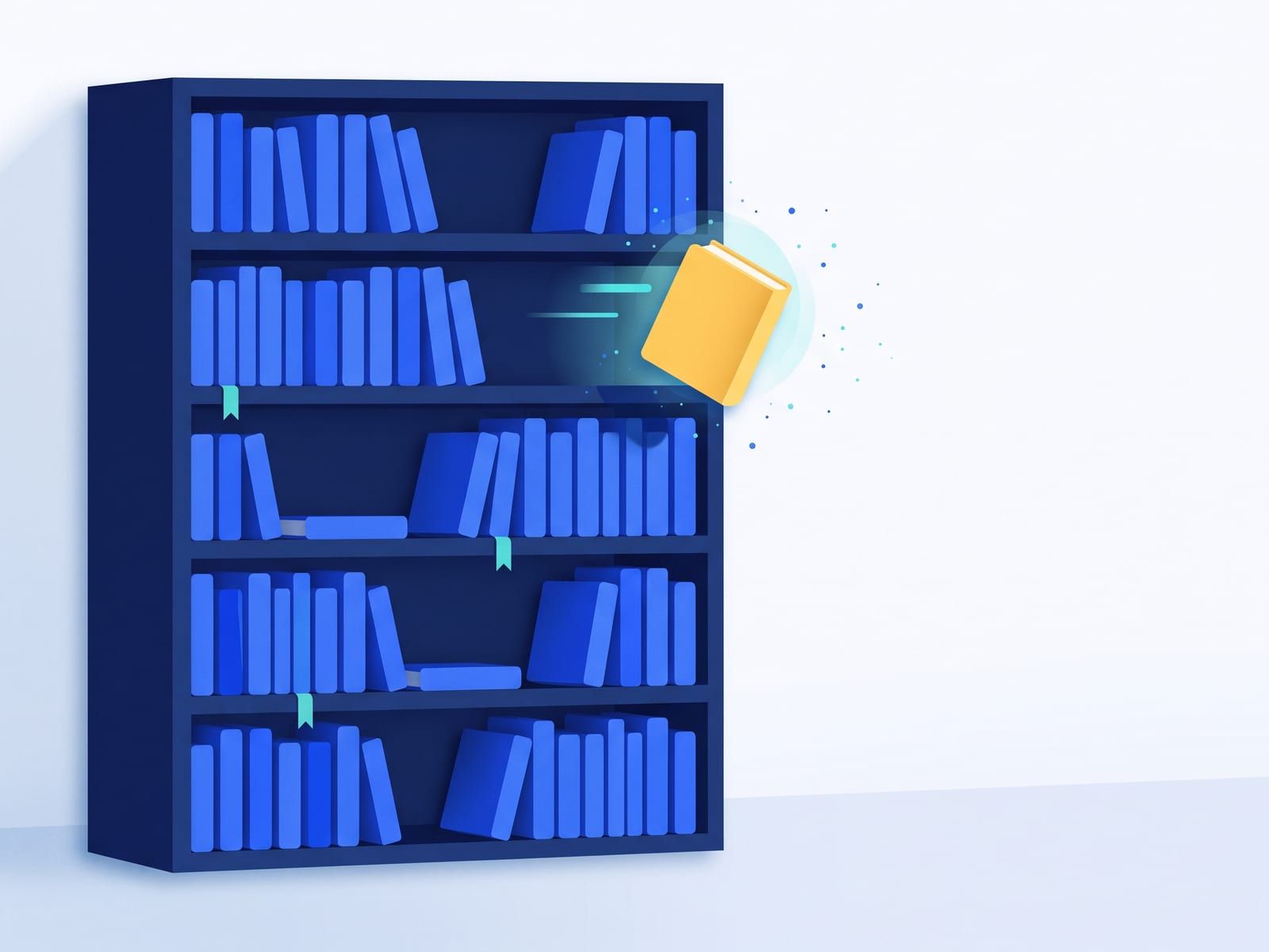 A tall bookshelf of blue books with a few empty slots and one yellow book sliding into a gap