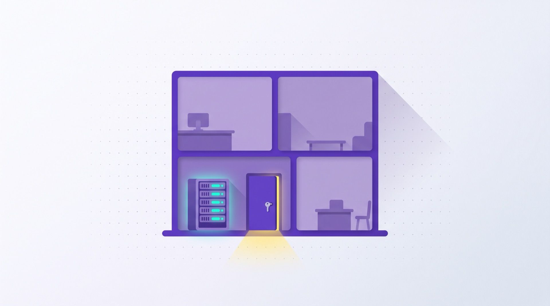 On-premise helpdesk software shown as a small server rack inside a cutaway office building, the rack glowing on the ground floor behind a closed door with a key in the lock