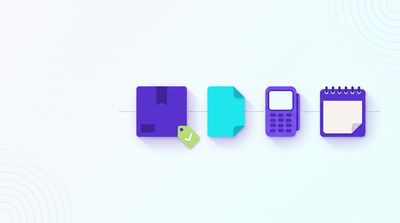 How to write a refund policy: a returns counter seen from above with a parcel, return label, card terminal and calendar page laid out like a checklist