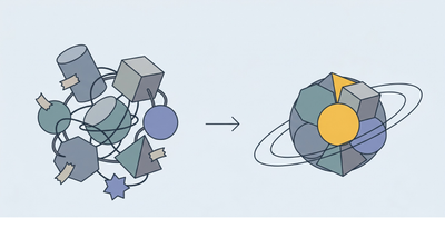 A flat illustration. On the left, a tangle of mismatched grey and blue shapes connected by messy looping lines, representing a fragmented tool stack held together with duct tape. An arrow points right to the same shapes merged into one unified planet with tidy orbiting rings and a yellow core, representing consolidation onto a single CRM.