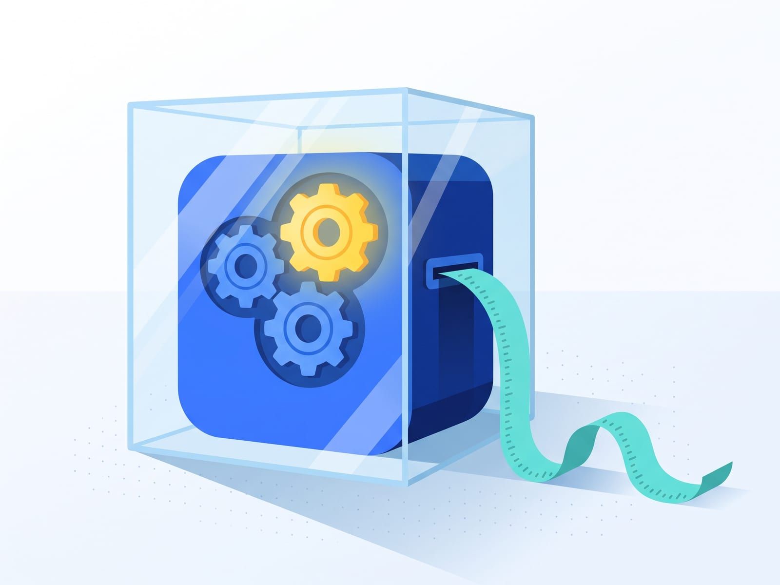 A blue machine with visible gears inside a clear glass case, one gear glowing yellow, a strip of ticked paper feeding out of a slot