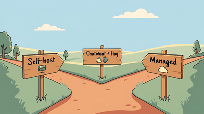Three dirt paths fork out from a junction, each marked by a wooden signpost: Self-host, Chatwoot + Hay, and Managed.
