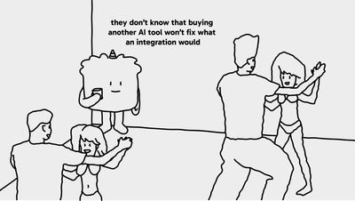 A hand-drawn cartoon in the 'they don't know' party meme style: a lone Hay chatbot character stands apart from the crowd thinking 'they don't know that buying another AI tool won't fix what a proper HubSpot CRM integration would.'