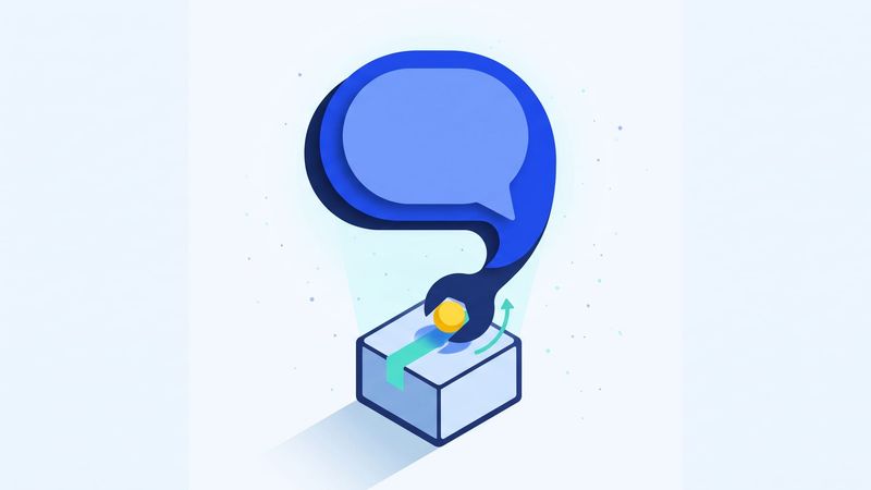 AI support agent as a speech bubble whose tail ends in a wrench, tightening the bolt on a closed parcel