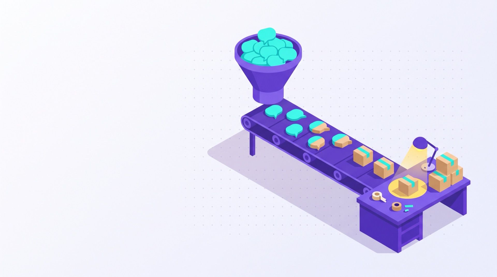 Chat bubbles poured from a funnel travel along a conveyor belt and turn into small parcels by the time they reach a lamp-lit packing desk