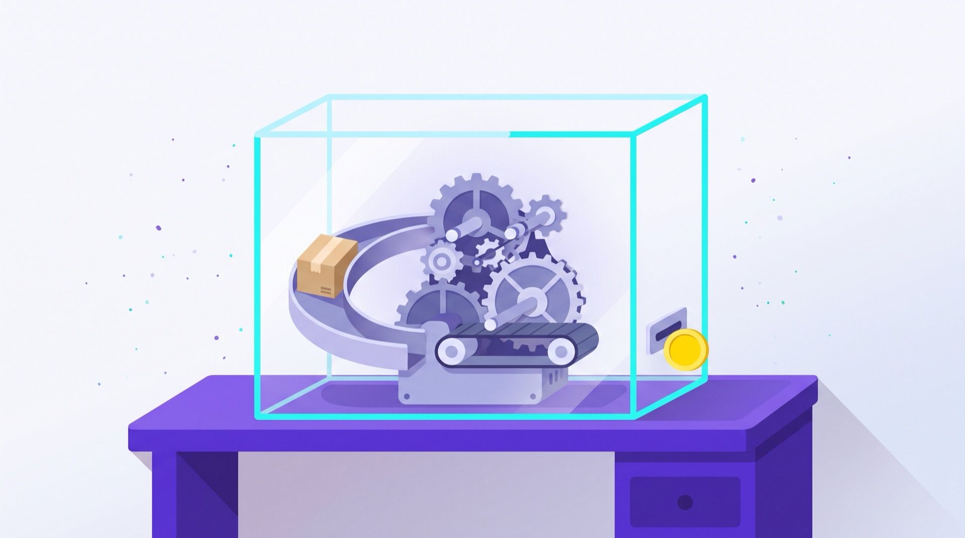 Self-hosted open source AI customer support pictured as a small machine inside a glass case on a desk, sliding a parcel back down a returns chute while a coin rolls out the other side