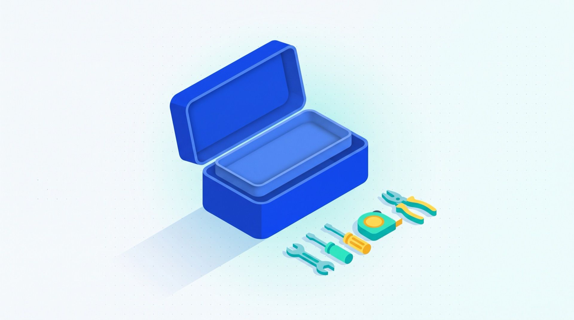 An open toolbox with a handful of simple tools laid out neatly beside it