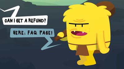 Cartoon caveman chatbot responds to a customer refund request by pointing at the FAQ page