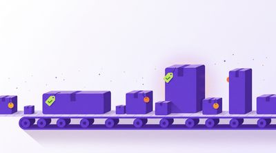 Return policy examples shown as ten parcels of different sizes on a conveyor belt, some with green tick tags and some with amber tags