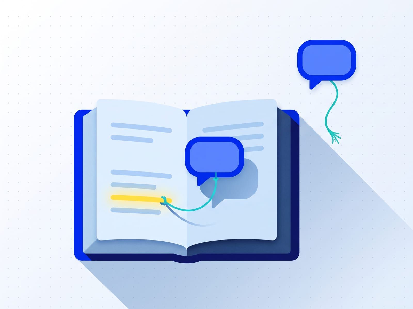 A small speech bubble tied by a thread to a glowing line in an open rulebook, while a second bubble floats loose with a frayed thread