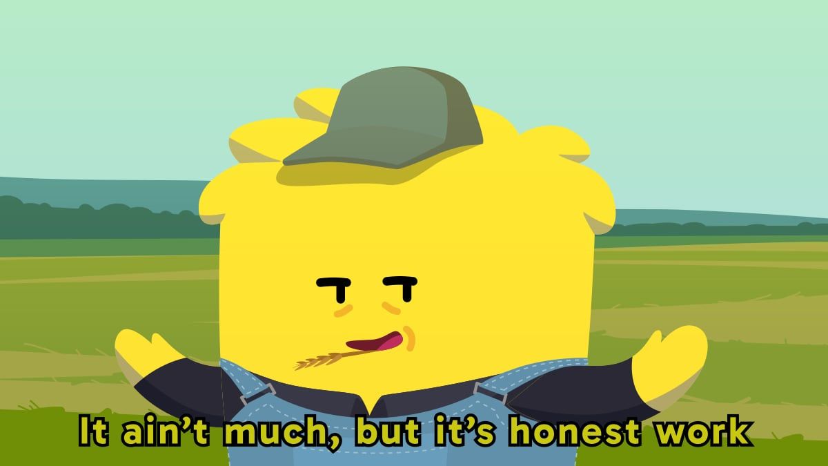 Bale as a farmer in a cap with a stalk of wheat, captioned it ain't much, but it's honest work
